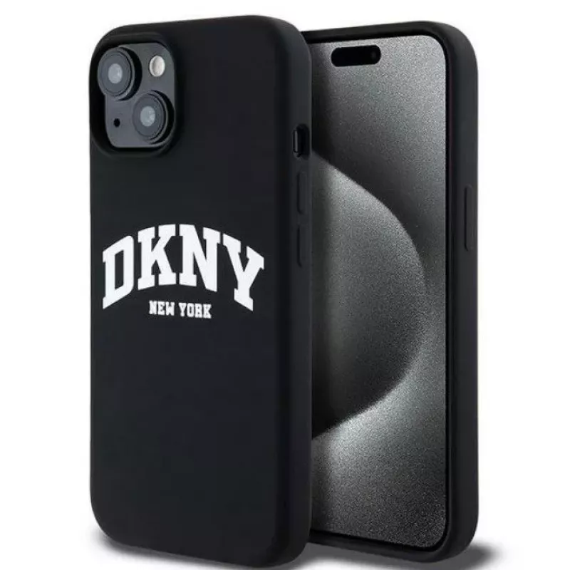 DKNY Apple iPhone 15 Hardcase Liquid Silicone White Printed Logo MagSafe Black