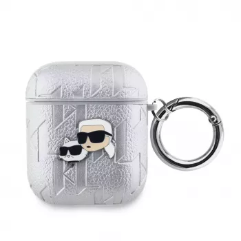 Karl Lagerfeld PU įspaustas Karl ir Choupette galvų dėklas, skirtas AirPods 1/2, sidabrinis