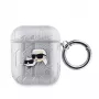 Karl Lagerfeld PU įspaustas Karl ir Choupette galvų dėklas, skirtas AirPods 1/2, sidabrinis