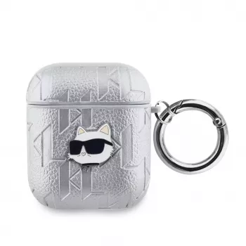 Karl Lagerfeld PU Įspaustas Choupette Galvos Dėklas, skirtas AirPods 1/2, sidabrinis