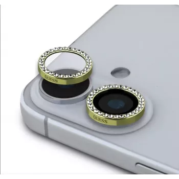 „Guess“ Apple iPhone 16/16 Plus fiksuotas blizgantis apsauginis objektyvas auksinis