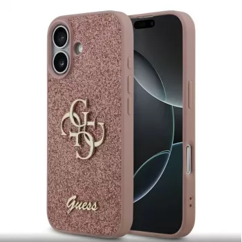 Guess Apple iPhone 15 Pro Max PU Fixed Glitter 4G Metal Logo Case Pink