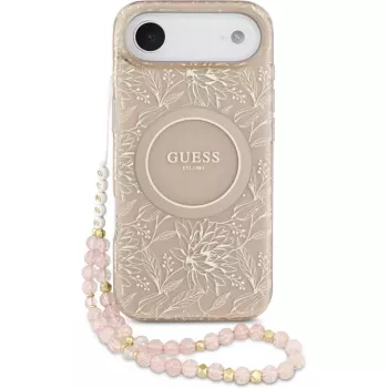 Guess Apple iPhone 17 Air Silikoninis Dėklas su MagSafe Gėlės Visur su Perlų Dirželiu Rožinis