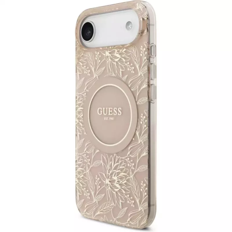 Guess Apple iPhone 17 Air Silikoninis Dėklas su MagSafe Gėlės Visur su Perlų Dirželiu Rožinis