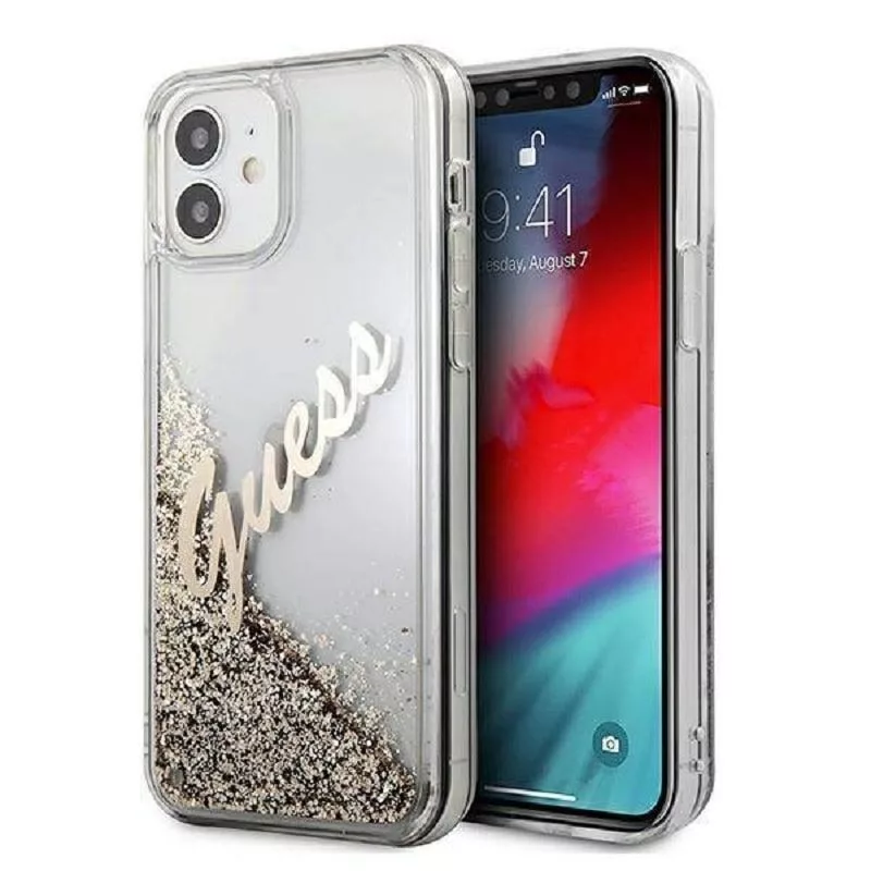 Guess Apple iPhone 12 Mini 5.4 colio Liquid Glitter Vintage Dangtelis Auksinis