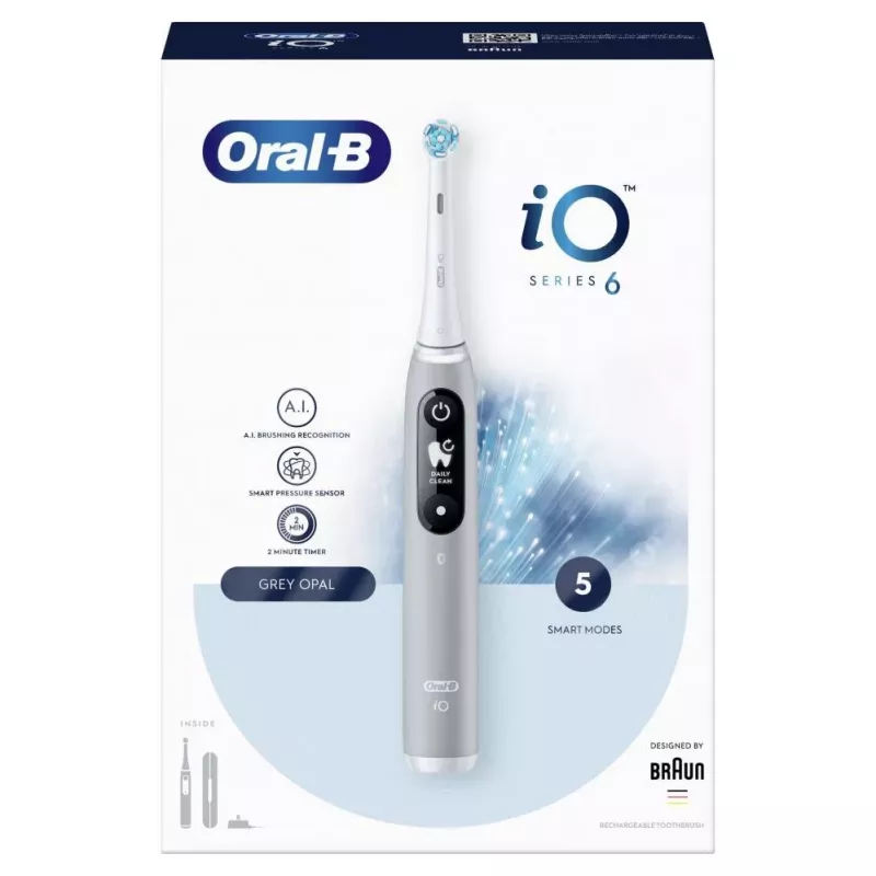 Oral-B iO Series 6 įkraunamas elektrinis dantų šepetėlis, pilkai opalinis, 5 režimai, 1 šepetėlio galvutė, Bluetooth