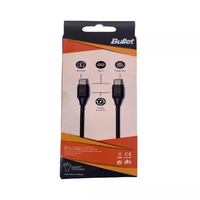 BULLET USB-C į USB-C laidas, 1m, 2,4A, juodas