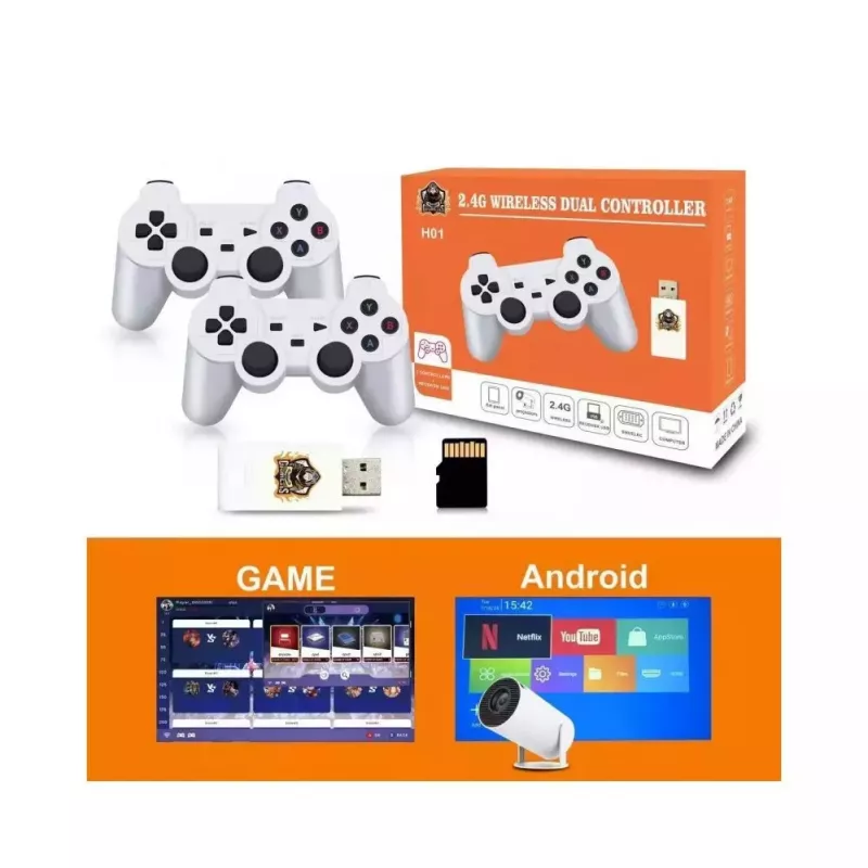 GameBox HY00 64bit Retro 20K Game 4K HDMI Stick Console / Android Box su 2 belaidžiais valdikliais balta