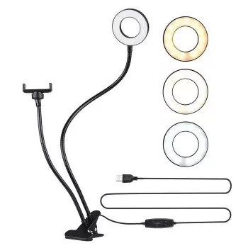 Elight TF stalinis spaustukas „Live Stream Selfie“ 11 cm žiedinis LED šviestuvas su 30 cm lanksčiu vamzdeliu ir telefono laikikliu, juodas
