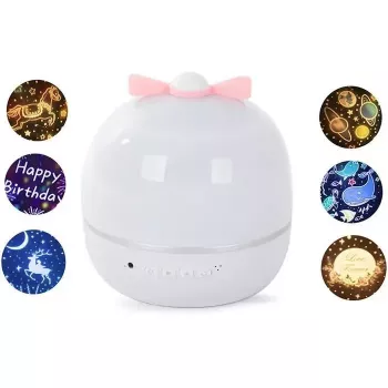 Kiddyz WH-16E Dream Projection Night Lamp (12x12x12 cm) su 6 šablonų plėvelėmis, USB-C įkraunama, balta