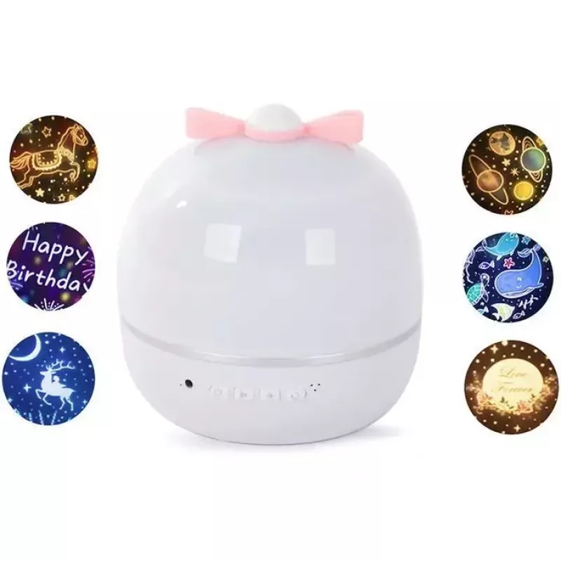 Kiddyz WH-16E Dream Projection Night Lamp (12x12x12 cm) su 6 šablonų plėvelėmis, USB-C įkraunama, balta