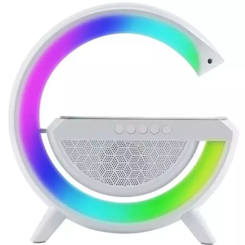 Elight G Shape Speaker Lamp su RGB LED apšvietimu ir belaidžiu išmaniųjų įrenginių įkrovikliu balta