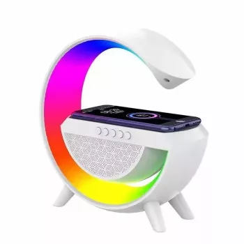Elight G Shape Speaker Lamp su RGB LED apšvietimu ir belaidžiu išmaniųjų įrenginių įkrovikliu balta