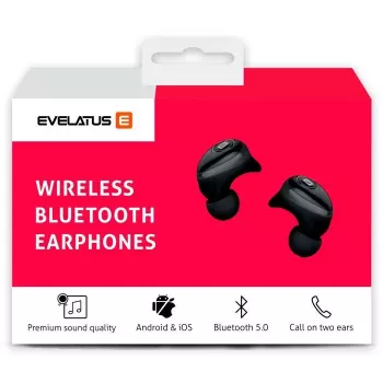 EVELATUS EBE01BK Tikri belaidžiai stereo ausinės su Bluetooth 5.0, IPX4, juodos