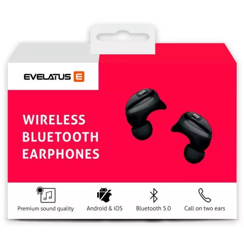 EVELATUS EBE01BK Tikri belaidžiai stereo ausinės su Bluetooth 5.0, IPX4, juodos