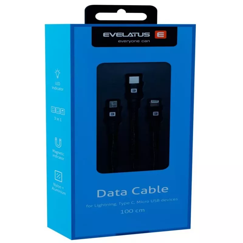 EVELATUS Data Cable 3in1 (Lightning, Type-C, Micro USB) LTM01 Black