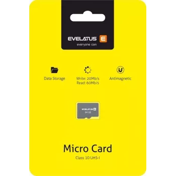 Evelatus MicroSDXC 64GB Class 10 UHS-I U1 V10 atminties kortelė, 60MB/s skaitymas, 20MB/s rašymas