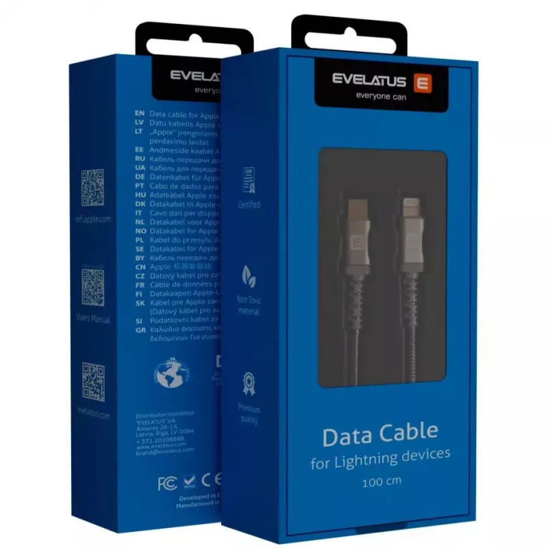 Evelatus Apple USB-C į Lightning duomenų laidas (greitas įkrovimas) 1m MFI08 pilka