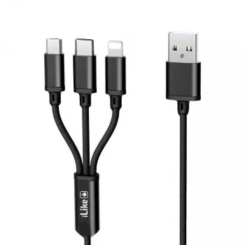 iLike Įkrovimo laidas 3 in 1, USB-A į USB-C/Lightning/Micro USB, nailoninis pintas, 1,2 m, juodas