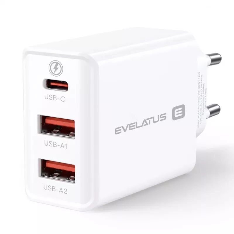 Evelatus ETC06 kelioninis įkroviklis EU sieninis 3 prievadai 32W USB-C / USB-A2 baltas