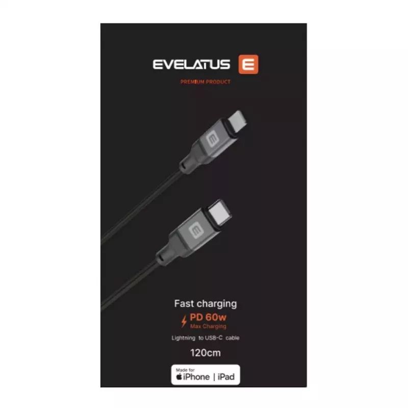 Evelatus USB-C į Lightning laidas 2,0 m 60 W (MFI09) aliuminio korpusas, pintas, juodas