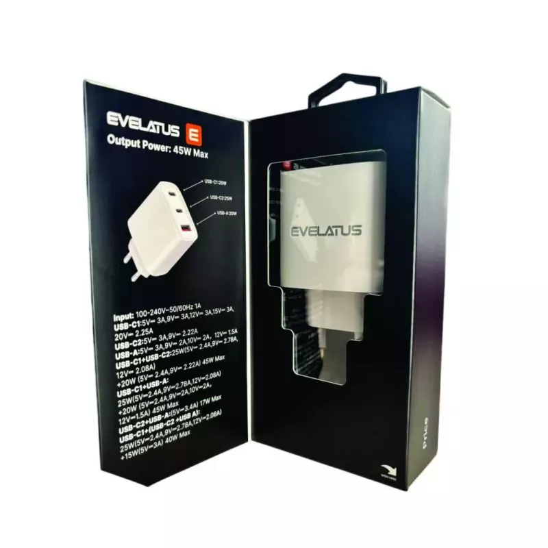 Evelatus 45W Max Fast Charger EU USB-C1/USB-C1/USB-A - RCE-4501ACCL White