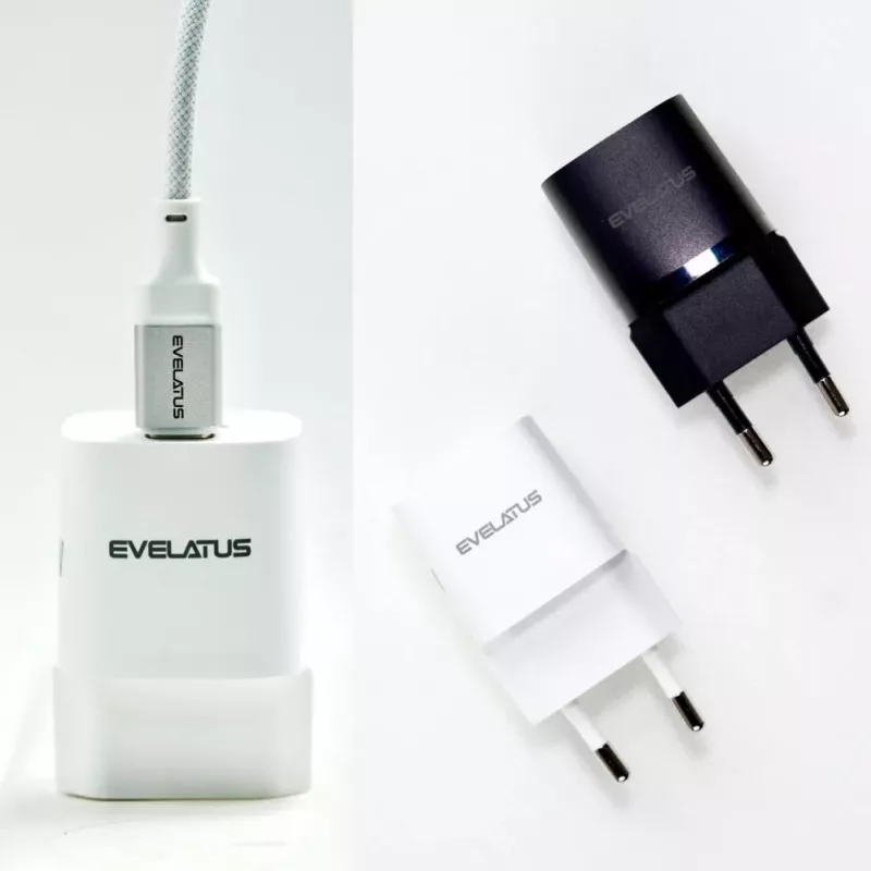 Evelatus USB-A ir USB-C 30W maks. EU įkroviklis baltas