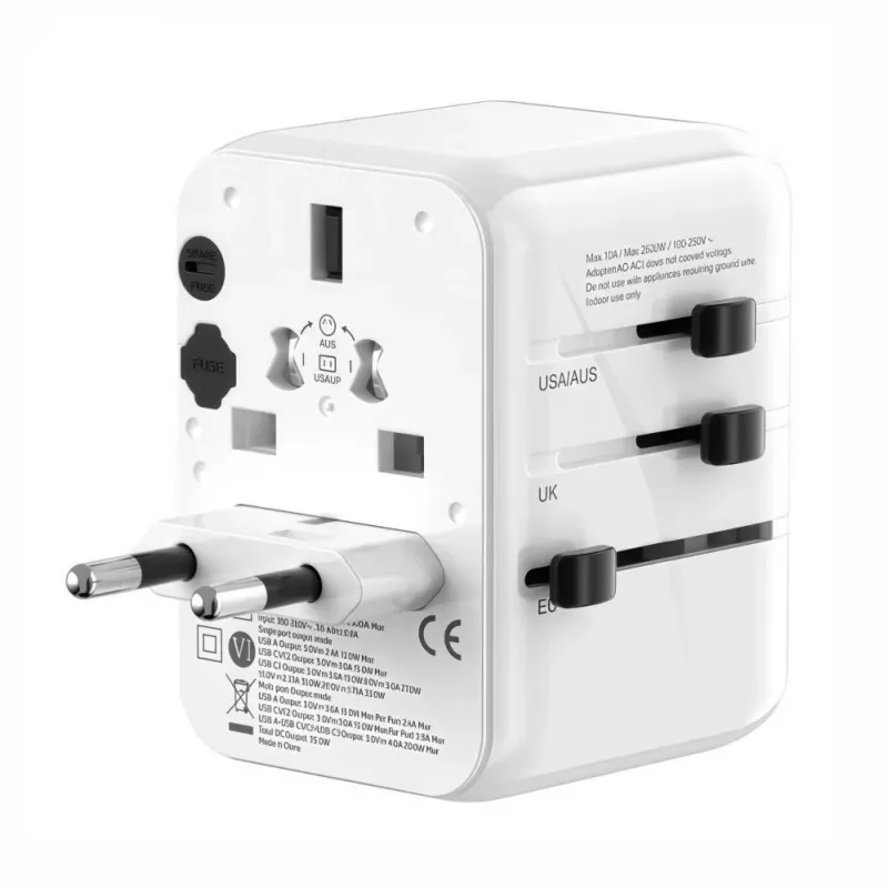 EVELATUS 35W World Travel Adapter su 1 PD USB-C, 2 USB-C, 2 USB-A, baltas