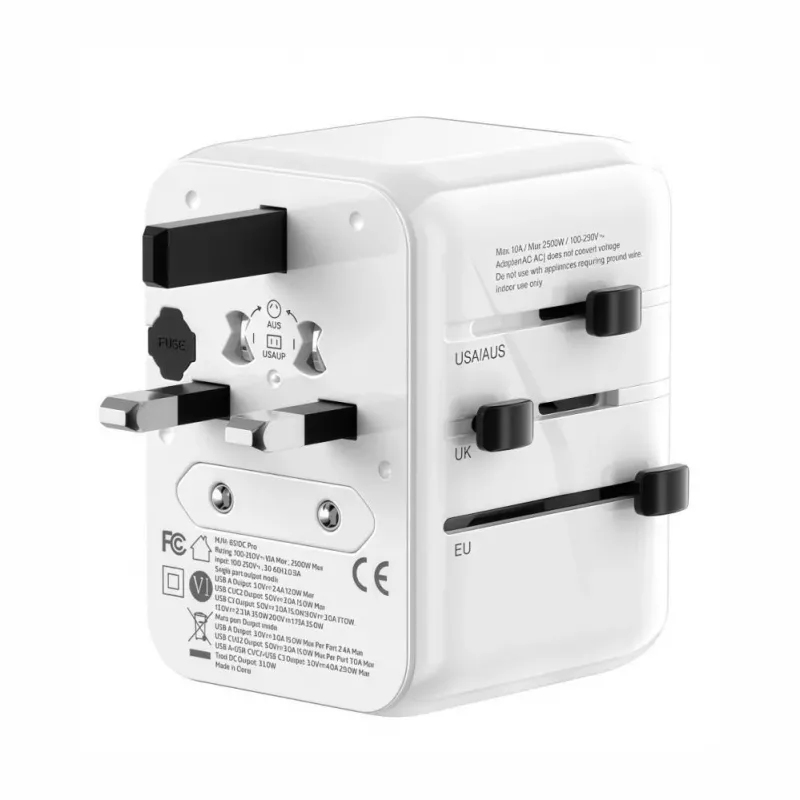 EVELATUS 35W World Travel Adapter su 1 PD USB-C, 2 USB-C, 2 USB-A, baltas
