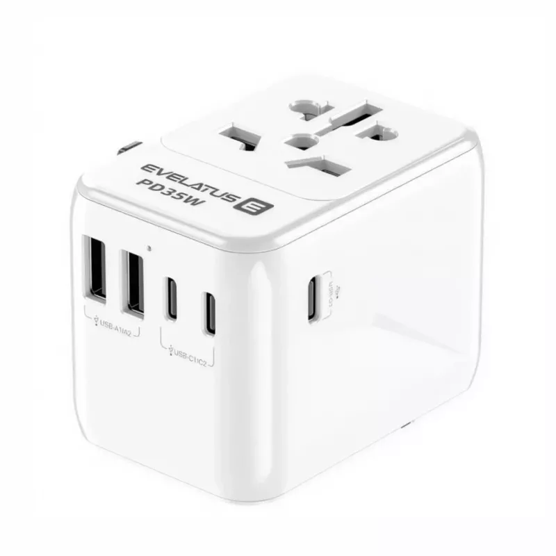 EVELATUS 35W World Travel Adapter su 1 PD USB-C, 2 USB-C, 2 USB-A, baltas