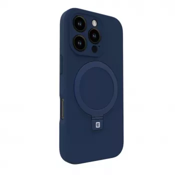 Evelatus Apple iPhone 16 Pro Premium Magsafe su stovu, minkšto prisilietimo silikoninis dėklas, tamsiai mėlynas