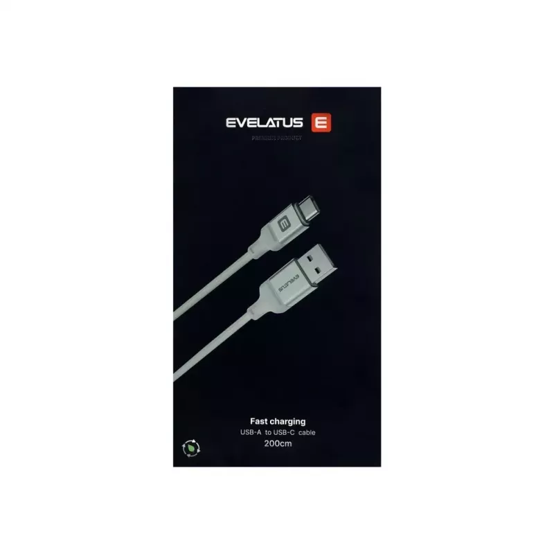 Evelatus USB-A į USB-C laidas 2M aliuminio korpusas pintas baltas