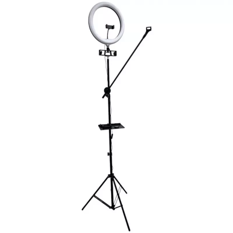 iLike S12 LED Selfie 31cm žiedinis šviestuvas + trikojis 2,1m + lentyna ir 3x telefono / mikrofono laikiklis juodas