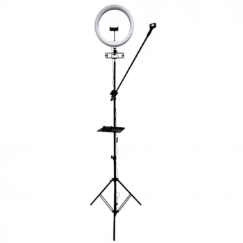 iLike S12 LED Selfie 31cm žiedinis šviestuvas + trikojis 2,1m + lentyna ir 3x telefono / mikrofono laikiklis juodas