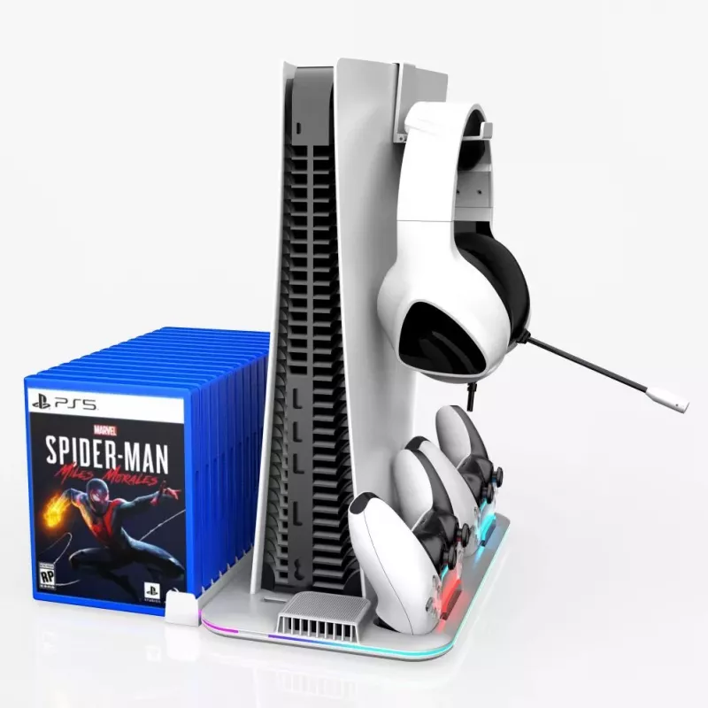 iLike DZ504 Slim Multi Dock Station, skirta PlayStation 5 PS5 valdikliams su aušinimo ventiliatoriais ir RGB, juoda