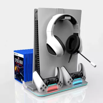 iLike DZ504 Slim Multi Dock Station, skirta PlayStation 5 PS5 valdikliams su aušinimo ventiliatoriais ir RGB, juoda