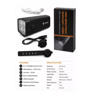 iLike Įkraunamas Dviračio Priekinis Žibintas su 120dB Elektriniu Signalu, 300 Lumenų LED Dviračio Šviesa, USB Įkraunamas, Vairo Nuotolinis Jungiklis