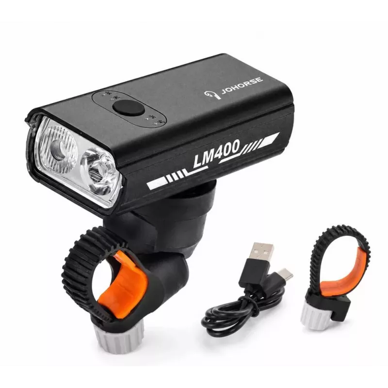 iLike JOHORSE USB įkraunamas dviračio priekinis žibintas, 400LM LED dviračio žibintas, dvigubas spindulys, aliuminio korpusas, akumuliatoriaus indikatorius, vandeniui atsparus dviračio žibintas