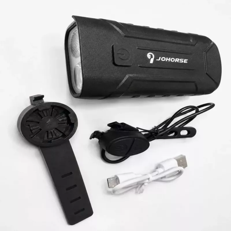 iLike JOHORSE Įkraunamas Dviračio Žibintas su 120dB Garsiniu Signalu, USB Įkraunamas LED Dviračio Priekinis Žibintas, Aukštas/Žemas Spindulys, IPX4 Atsparus Vandeniui, Juodas