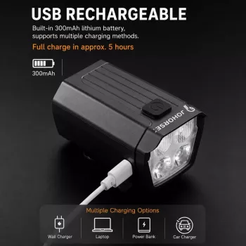 iLike JOHORSE USB įkraunamas dviračio priekinis žibintas su 120dB elektriniu garsiniu signalu, 300LM 4 LED dviračio priekinė šviesa, 7 apšvietimo režimai, vairo nuotolinis jungiklis, IPX4 vandeniui atsparus juodas