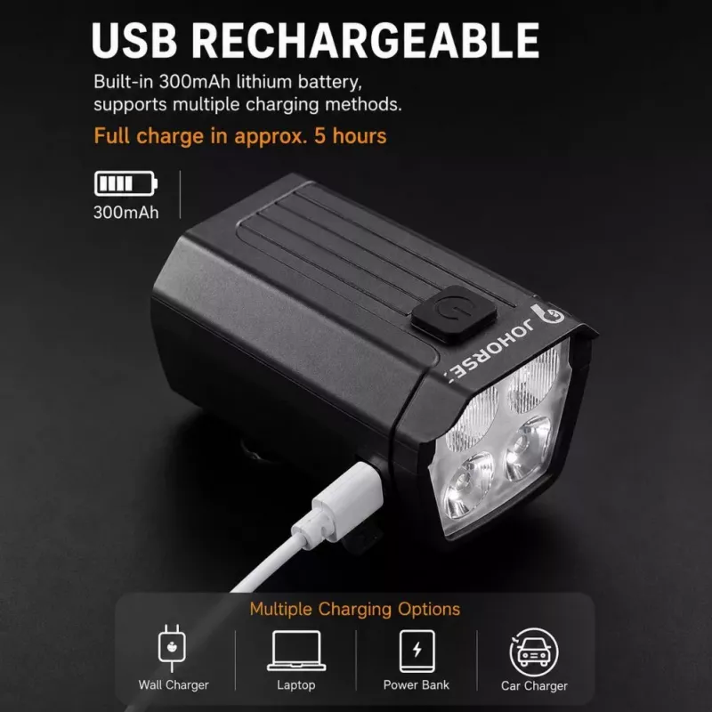 iLike JOHORSE USB įkraunamas dviračio priekinis žibintas su 120dB elektriniu garsiniu signalu, 300LM 4 LED dviračio priekinė šviesa, 7 apšvietimo režimai, vairo nuotolinis jungiklis, IPX4 vandeniui atsparus juodas