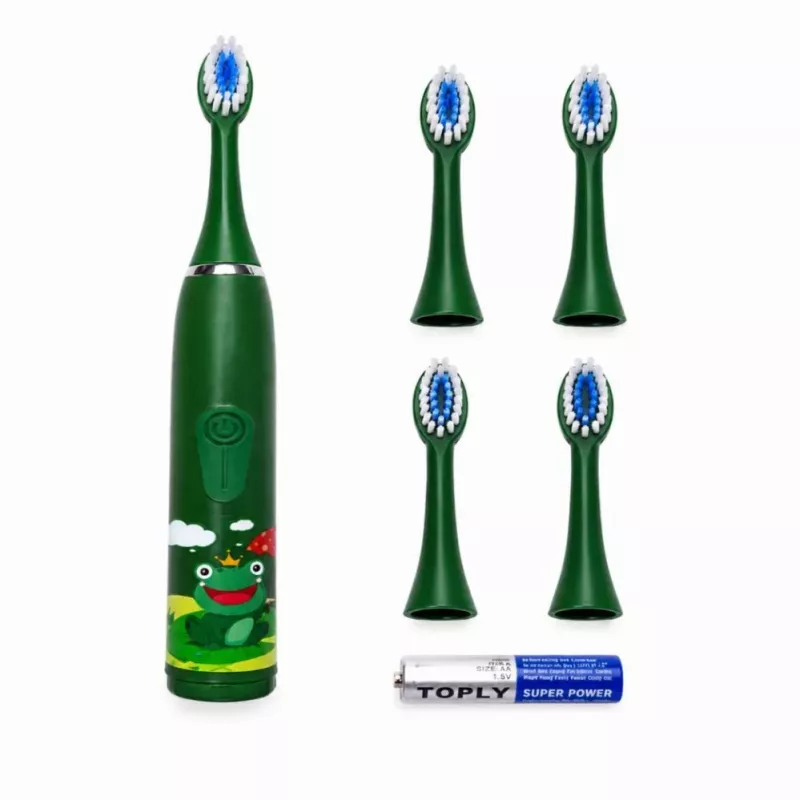 iLike Kids Sonic Electric Toothbrush, Waterproof, 5 Brush Heads (1+4 Replacement Heads), Battery Powered, Soft Bristles, Green Frog Design, Green