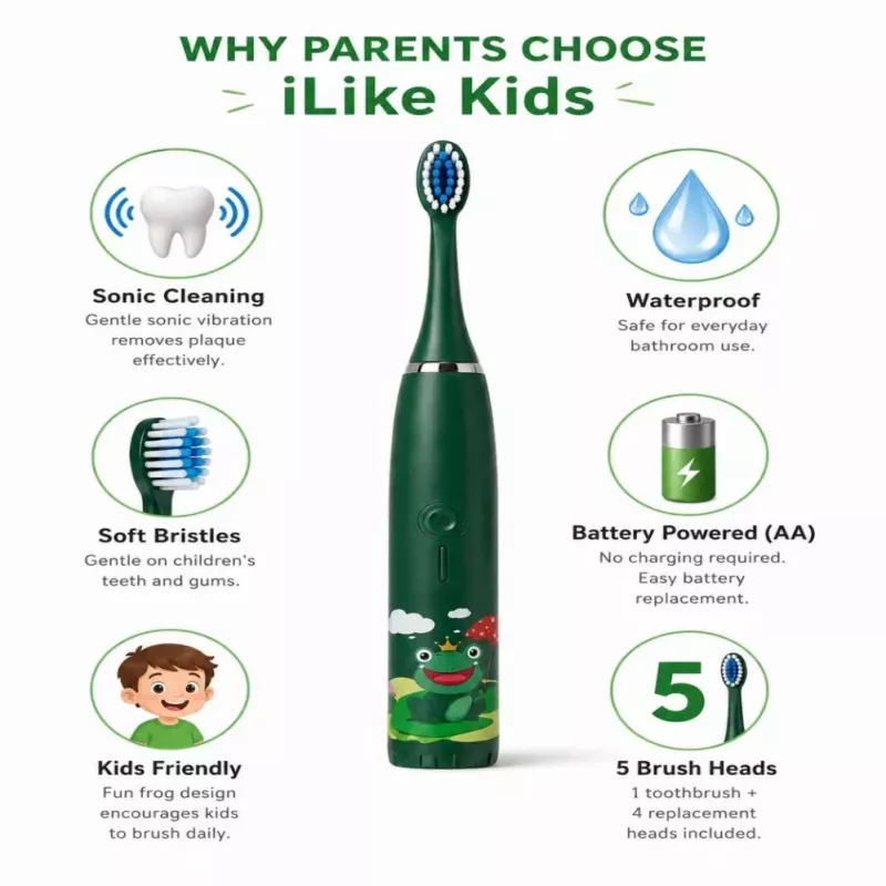 iLike Kids Sonic Electric Toothbrush, Waterproof, 5 Brush Heads (1+4 Replacement Heads), Battery Powered, Soft Bristles, Green Frog Design, Green