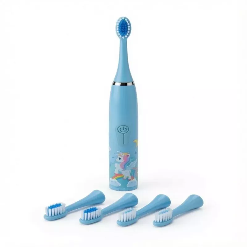 iLike Kids Sonic Electric Toothbrush, Waterproof, 5 Brush Heads (1+4 Replacement Heads), Battery Powered, Soft Bristles, Unicorn Design, Blue