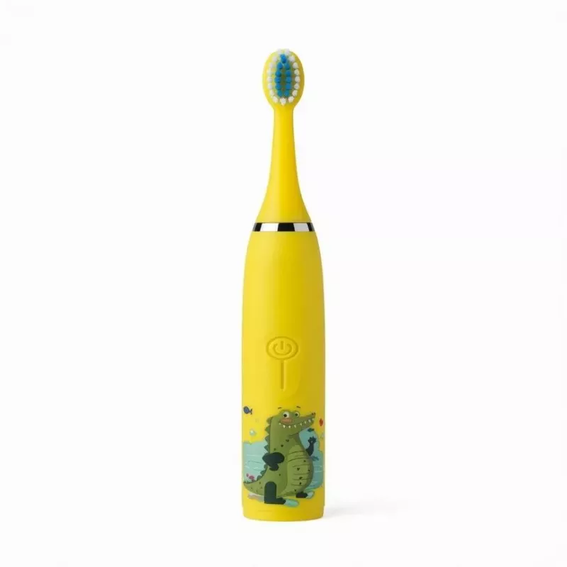 iLike Kids Rechargeable Sonic Electric Toothbrush, USB Charging, 3 Brush Heads (1+2 Replacement Heads), Soft Bristles, Waterproof, Yellow Crocodile Design