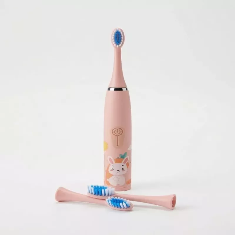 iLike Kids Rechargeable Sonic Electric Toothbrush, USB Charging, 3 Brush Heads (1+2 Replacement Heads), Soft Bristles, Waterproof, Bunny Design, Pink