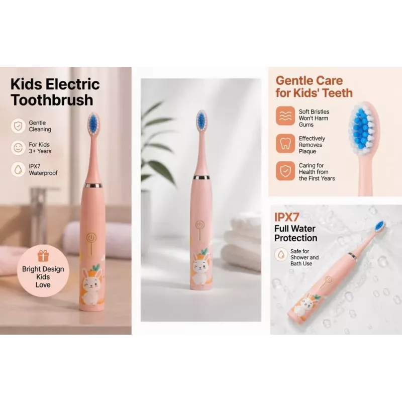 iLike Kids Rechargeable Sonic Electric Toothbrush, USB Charging, 3 Brush Heads (1+2 Replacement Heads), Soft Bristles, Waterproof, Bunny Design, Pink