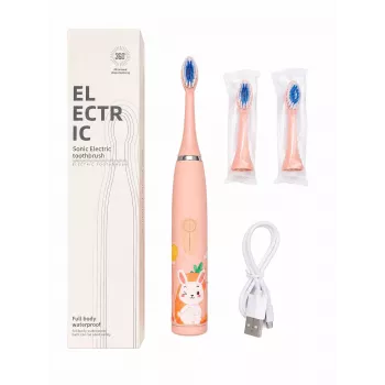 iLike Kids Rechargeable Sonic Electric Toothbrush, USB Charging, 3 Brush Heads (1+2 Replacement Heads), Soft Bristles, Waterproof, Bunny Design, Pink