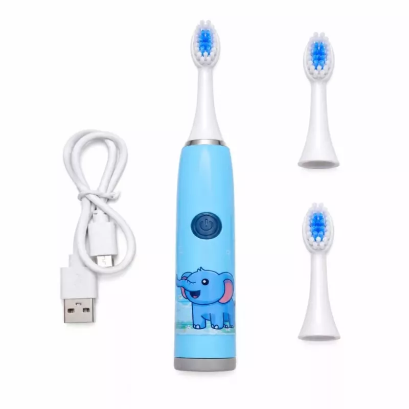 iLike Kids Rechargeable Sonic Electric Toothbrush, USB Charging, 3 Brush Heads (1+2 Replacement Heads), Soft Bristles, Waterproof, Blue Elephant Design Blue