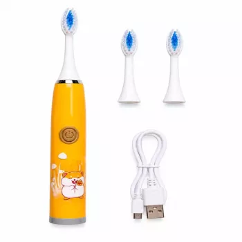 iLike Kids Rechargeable Sonic Electric Toothbrush, USB Charging, 3 Brush Heads (1+2 Replacement Heads), Soft Bristles, Waterproof, Cute Hamster Design Orange